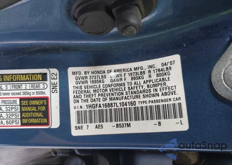 2007 Honda Civic Ex from USA, damaged, VIN 1HGFA16887L104160